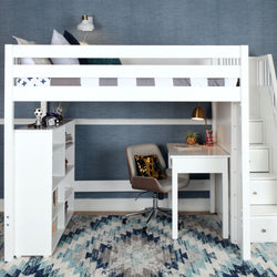 White loft bed with integrated desk and storage, featuring a modern chair and decorative elements, designed for efficient small space living.