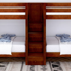 Modern wooden bunk bed with built-in drawers, featuring cozy bedding and stylish design for small bedrooms.