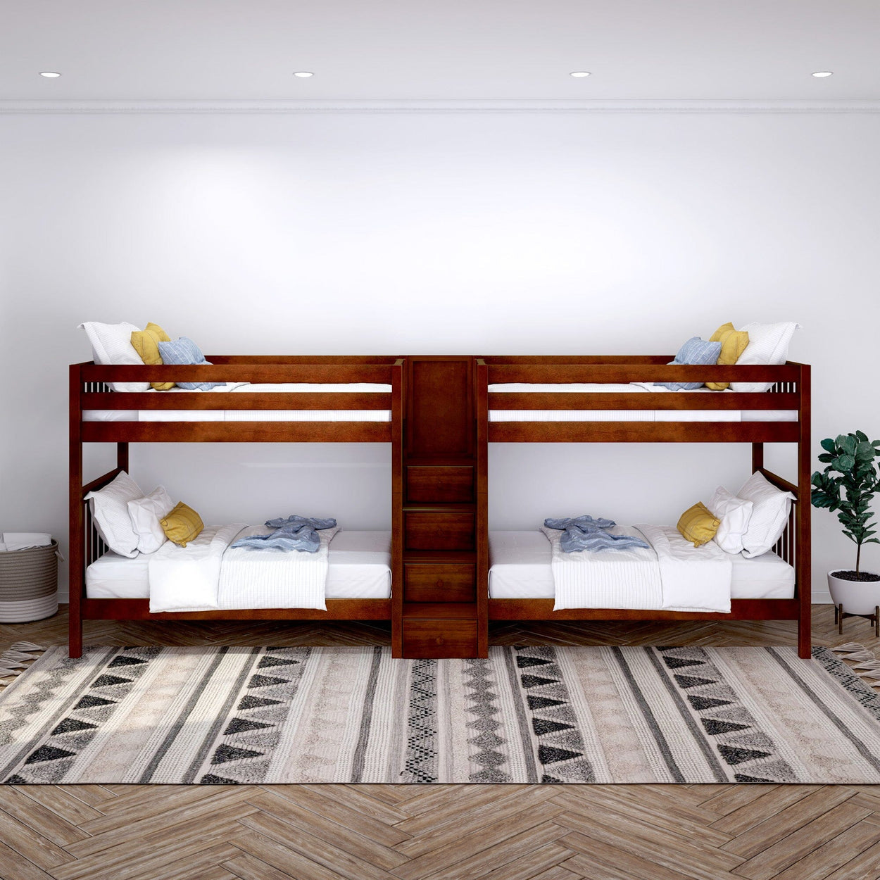 Wooden bunk beds with bedding in a modern room with patterned rug and potted plant.