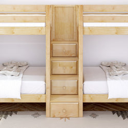 Wooden bunk beds with built-in storage drawers in modern bedroom setting.
