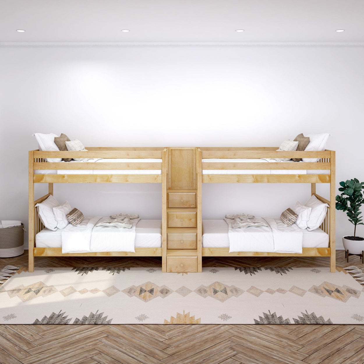 Natural wood bunk bed with built-in storage and white bedding in a modern bedroom setting.