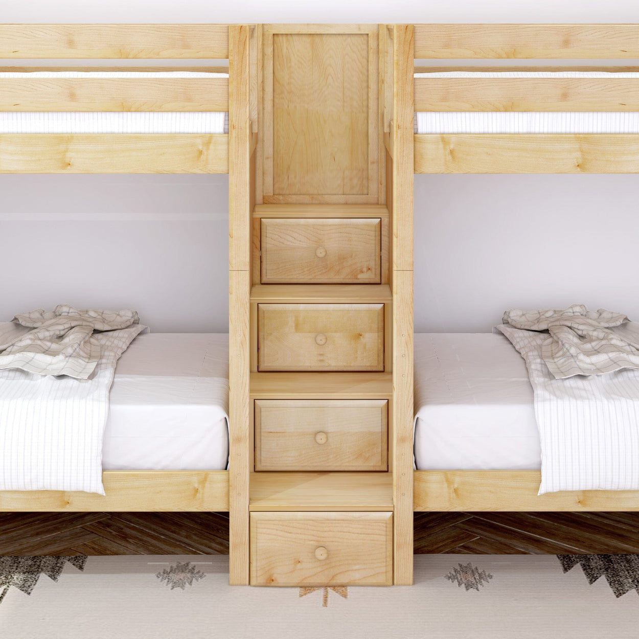 Wooden bunk bed with integrated storage drawers and cozy bedding in a modern bedroom.