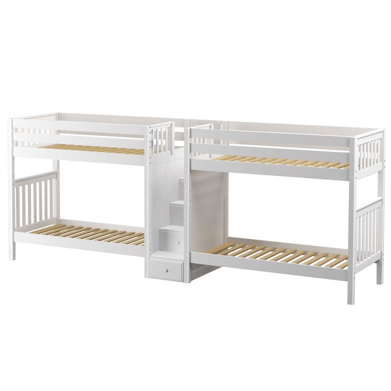 White wooden L-shaped twin-over-twin bunk bed with built-in staircase and drawer storage, slatted mattress platforms, space-saving kids' bedroom furniture