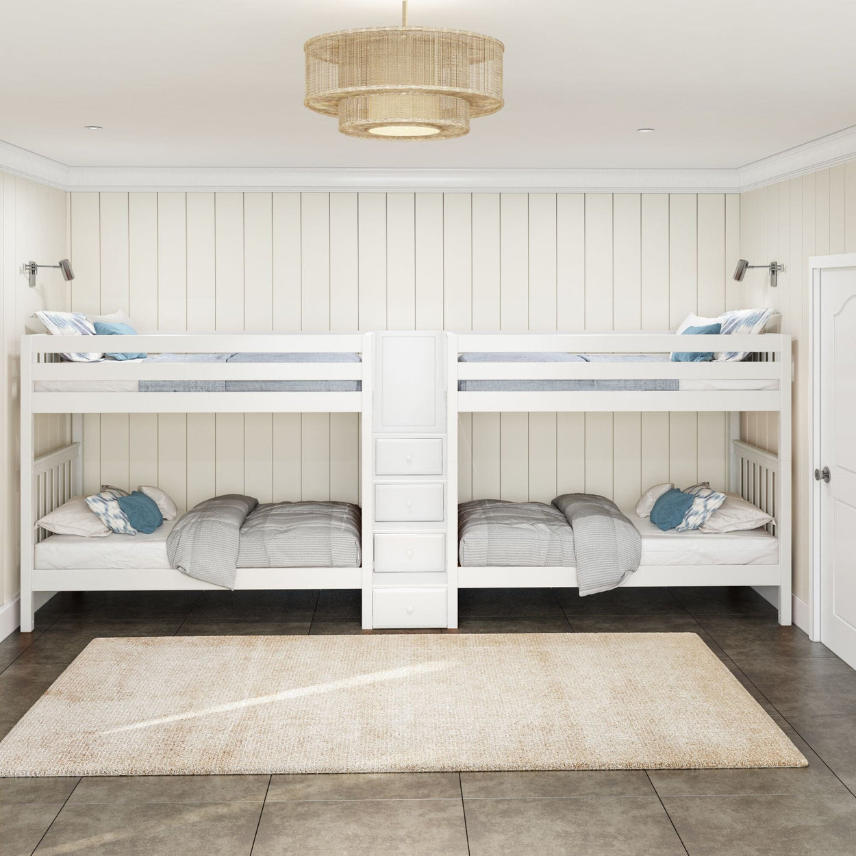 Four-bed white wooden bunk beds in a bright, cozy bedroom with beige walls and soft lighting.