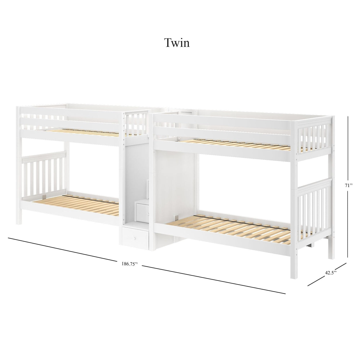 Twin white wooden bunk bed with storage drawers, measuring 71 inches in height, 186.75 inches in length, and 42.5 inches in width.