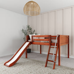 Wooden loft bed with slide and ladder in modern child's bedroom.