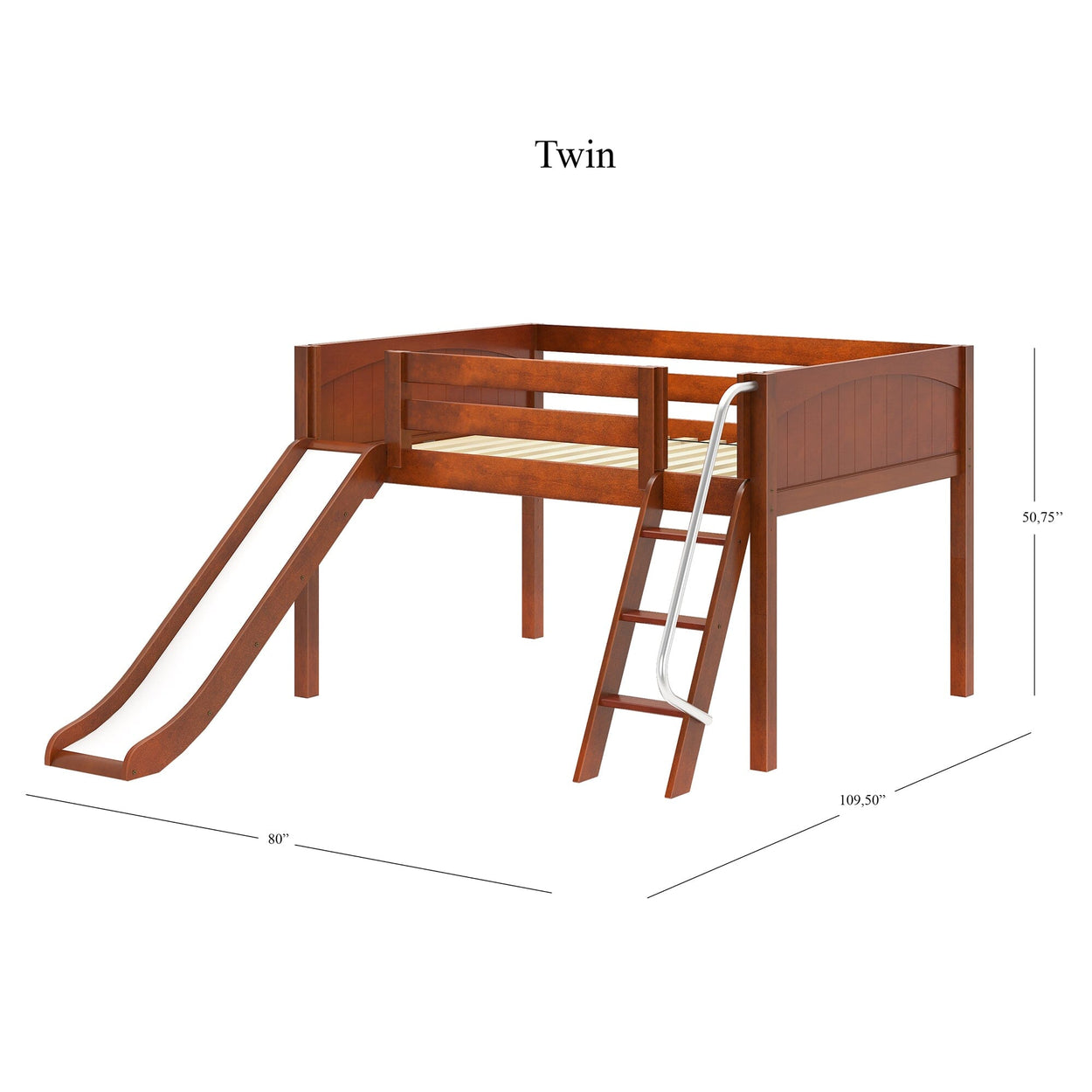 Twin-size wooden loft bed with slide and ladder, shown with dimensions for kids' bedroom furniture.