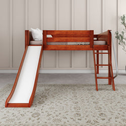 Children's wooden loft bed with slide and ladder in modern bedroom setting.