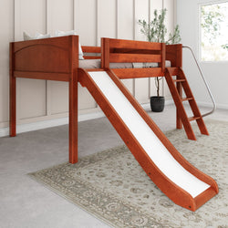 Wooden loft bed with slide and ladder in a modern bedroom setting, ideal for kids' playrooms.
