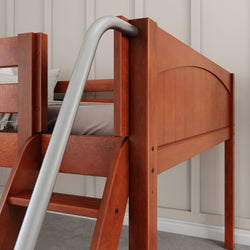 Wooden loft bed with ladder in a modern bedroom setting.