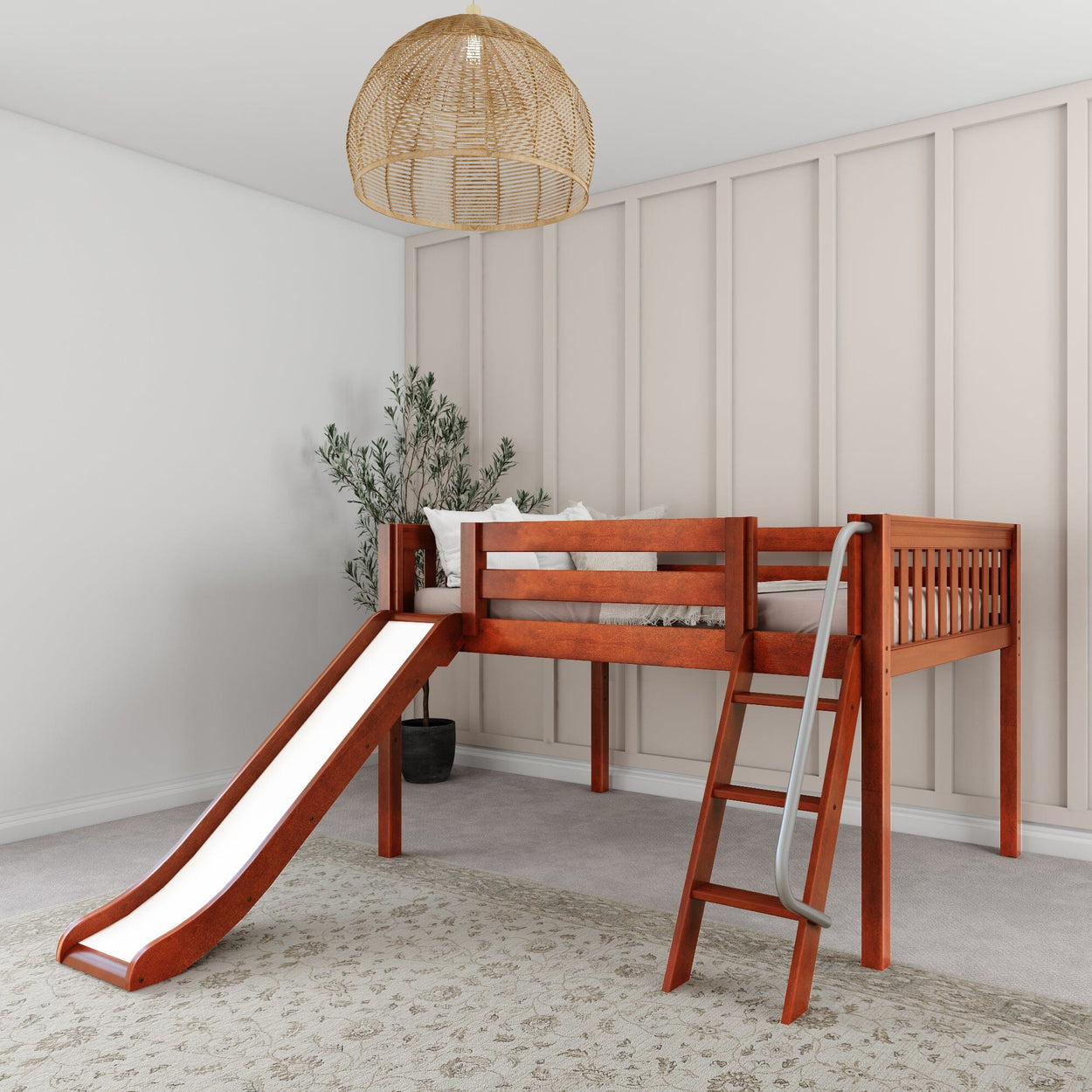 Wooden loft bed with slide and ladder in modern bedroom setting.