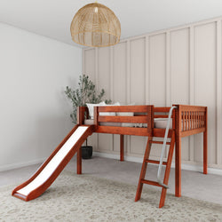 Wooden loft bed with slide and ladder in modern bedroom setting.