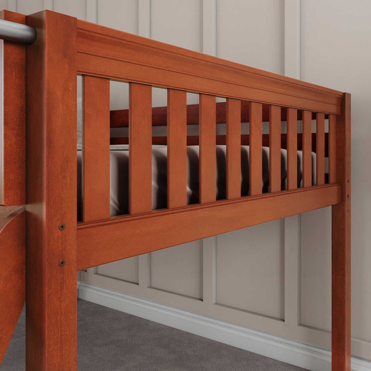 Wooden loft bed with safety rails in a modern bedroom setting.