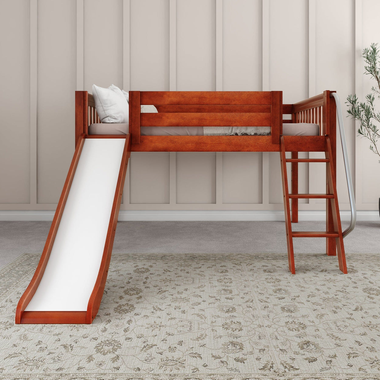 Wooden loft bed with built-in slide and ladder in a modern minimalist bedroom.