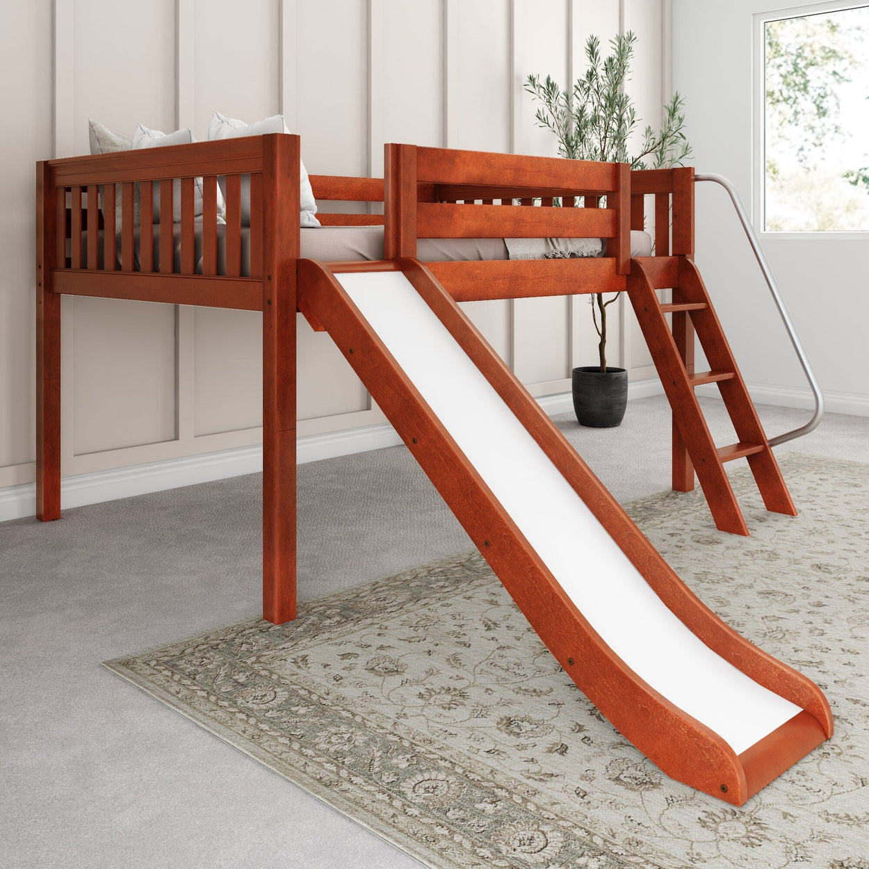 Mid-century modern kids' loft bed with slide and ladder, featuring wood finish and stylish design.