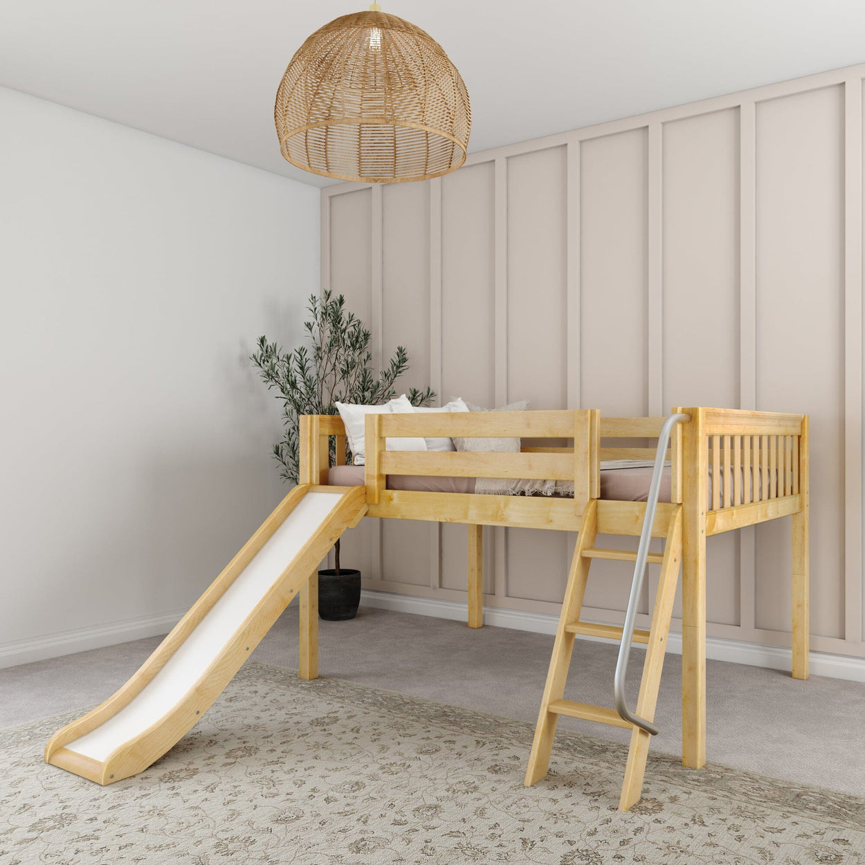 Wooden loft bed for kids with slide and ladder in a modern bedroom setting.