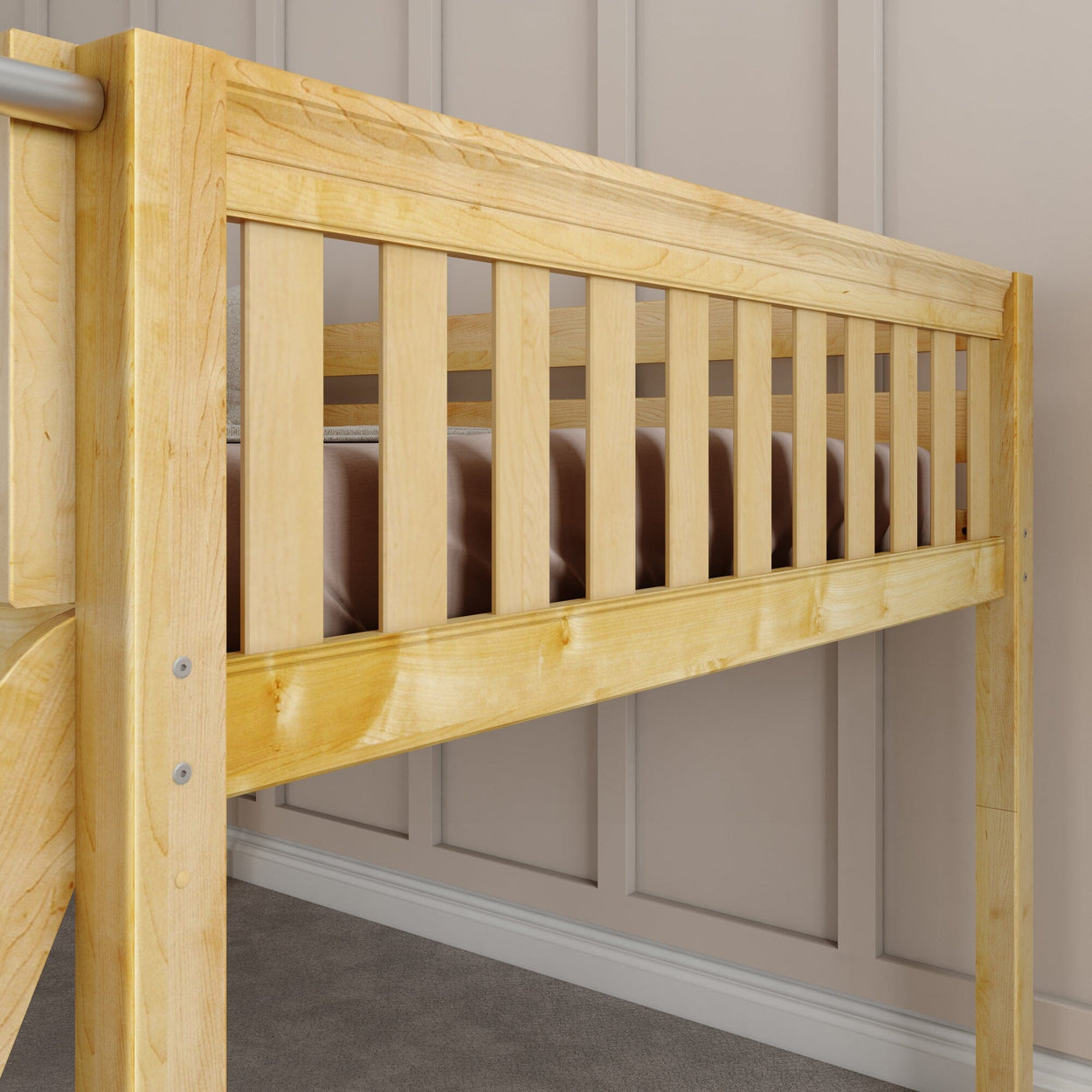 Wooden bunk bed in a modern bedroom interior with beige panel walls.