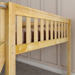 Wooden bunk bed in a modern bedroom interior with beige panel walls.