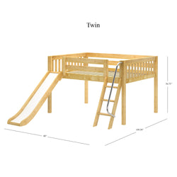 Twin wooden loft bed with slide and ladder, dimensions 80"x109.5"x50.75", ideal for children's bedroom furniture.