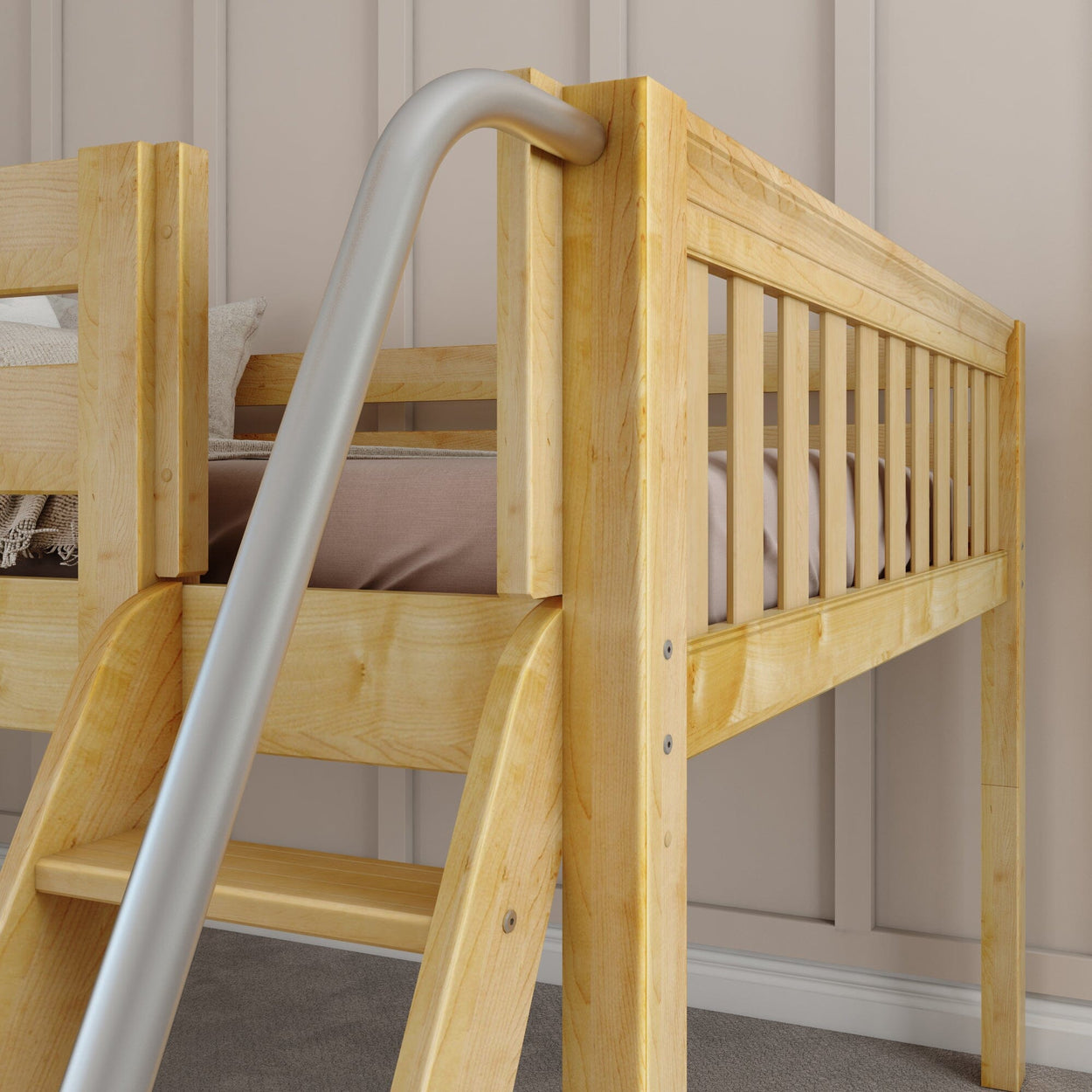 Wooden loft bed with ladder in modern bedroom interior.