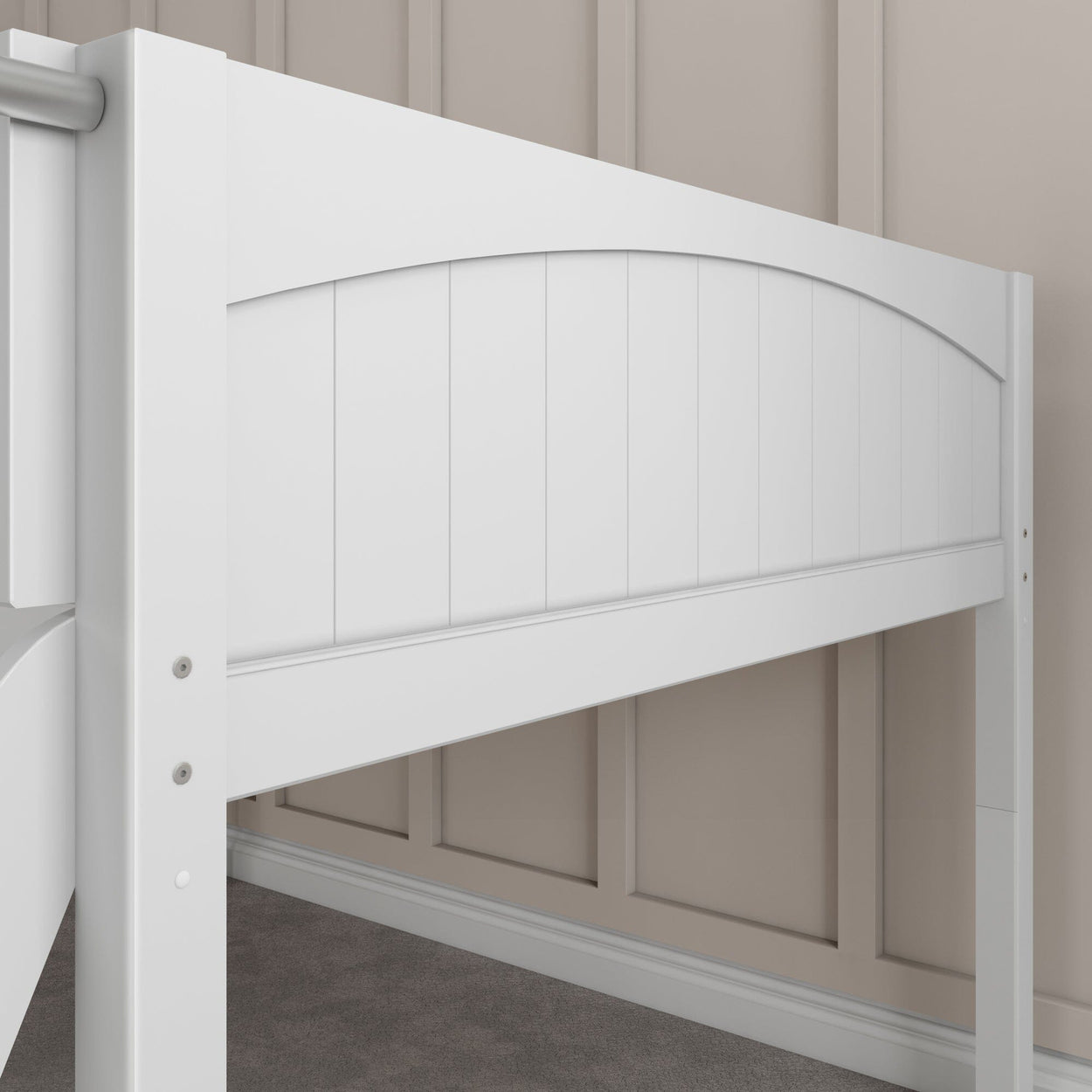 White wooden loft bed frame with vertical slats in a modern bedroom.