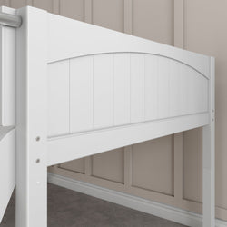 White wooden loft bed frame with vertical slats in a modern bedroom.