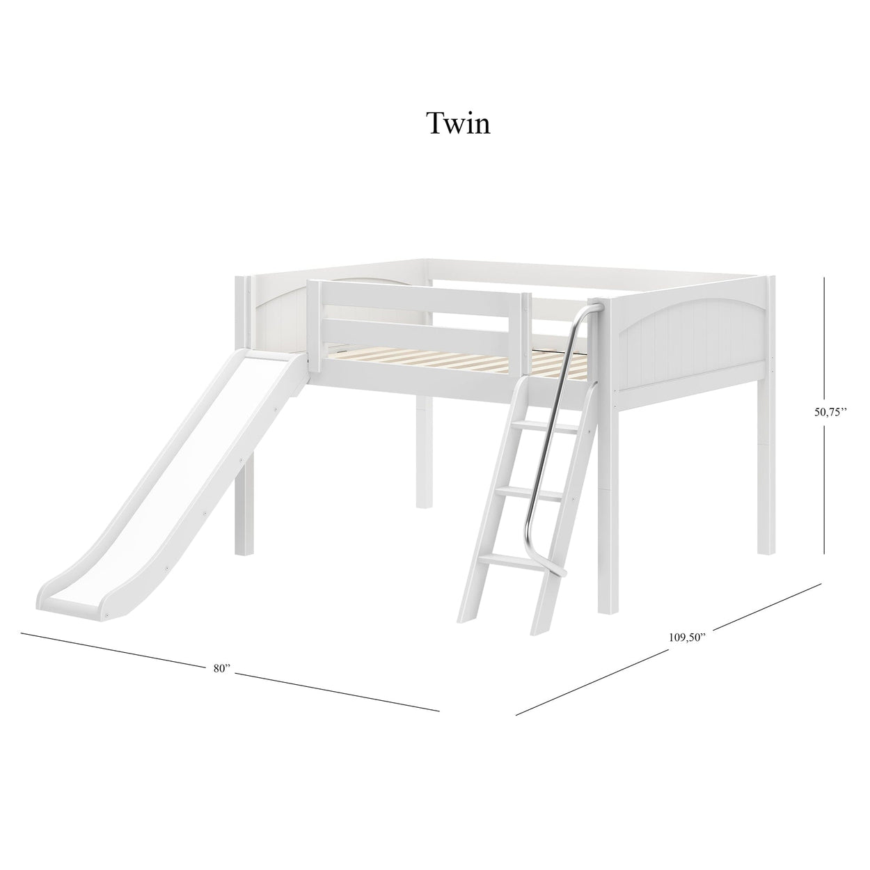 White twin loft bed with slide and ladder, dimensions 109.5" L x 80" W x 50.75" H, kids play furniture.
