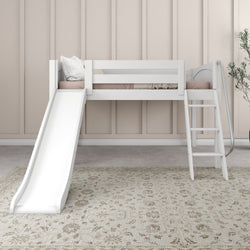 White kids loft bed with slide in a cozy, modern bedroom setting.