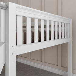 White loft bed frame with slatted guardrail against beige paneled wall in a modern bedroom.