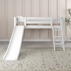 White loft bed with slide and ladder in a modern children's bedroom.