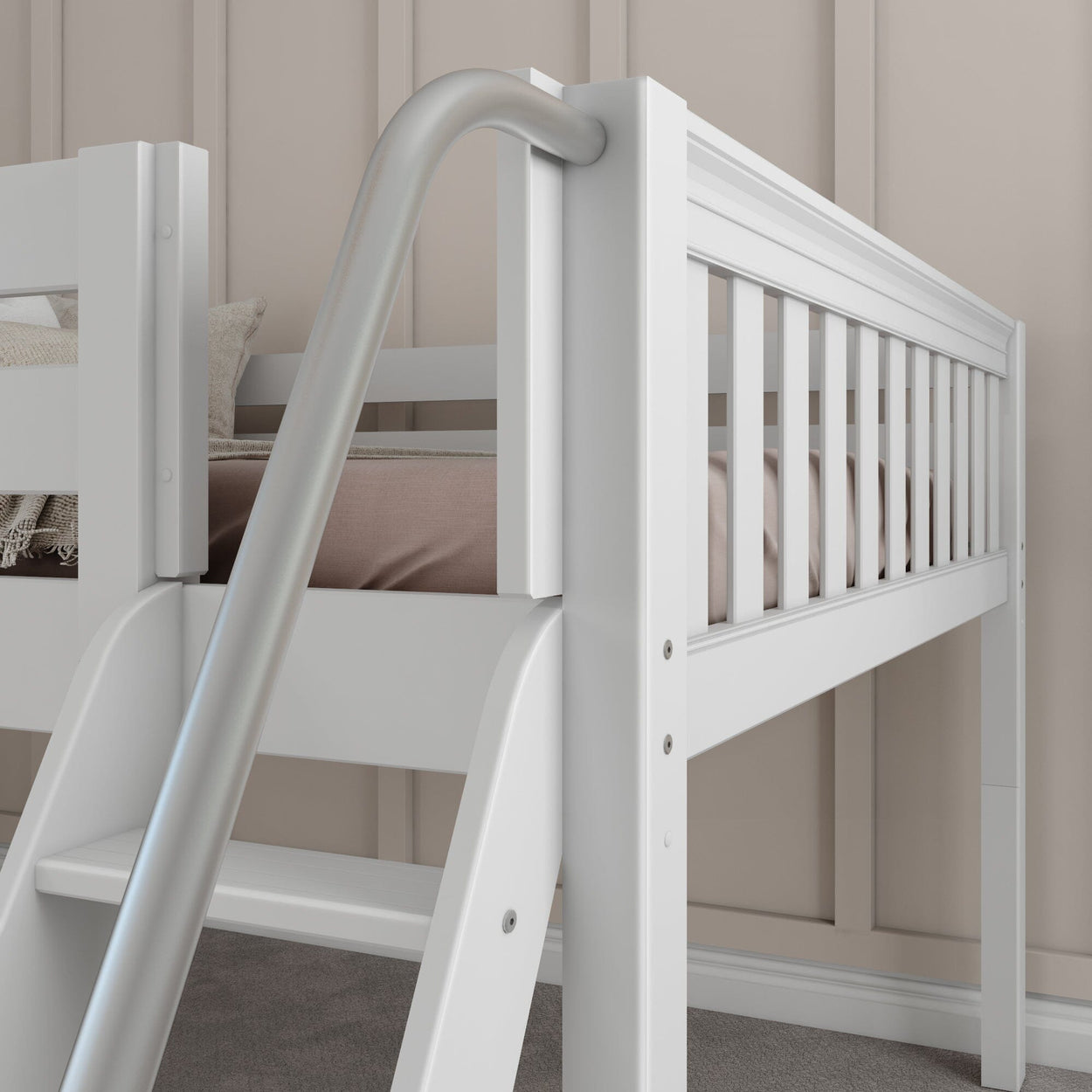 White loft bed with ladder and wooden safety rails in a modern bedroom setting.