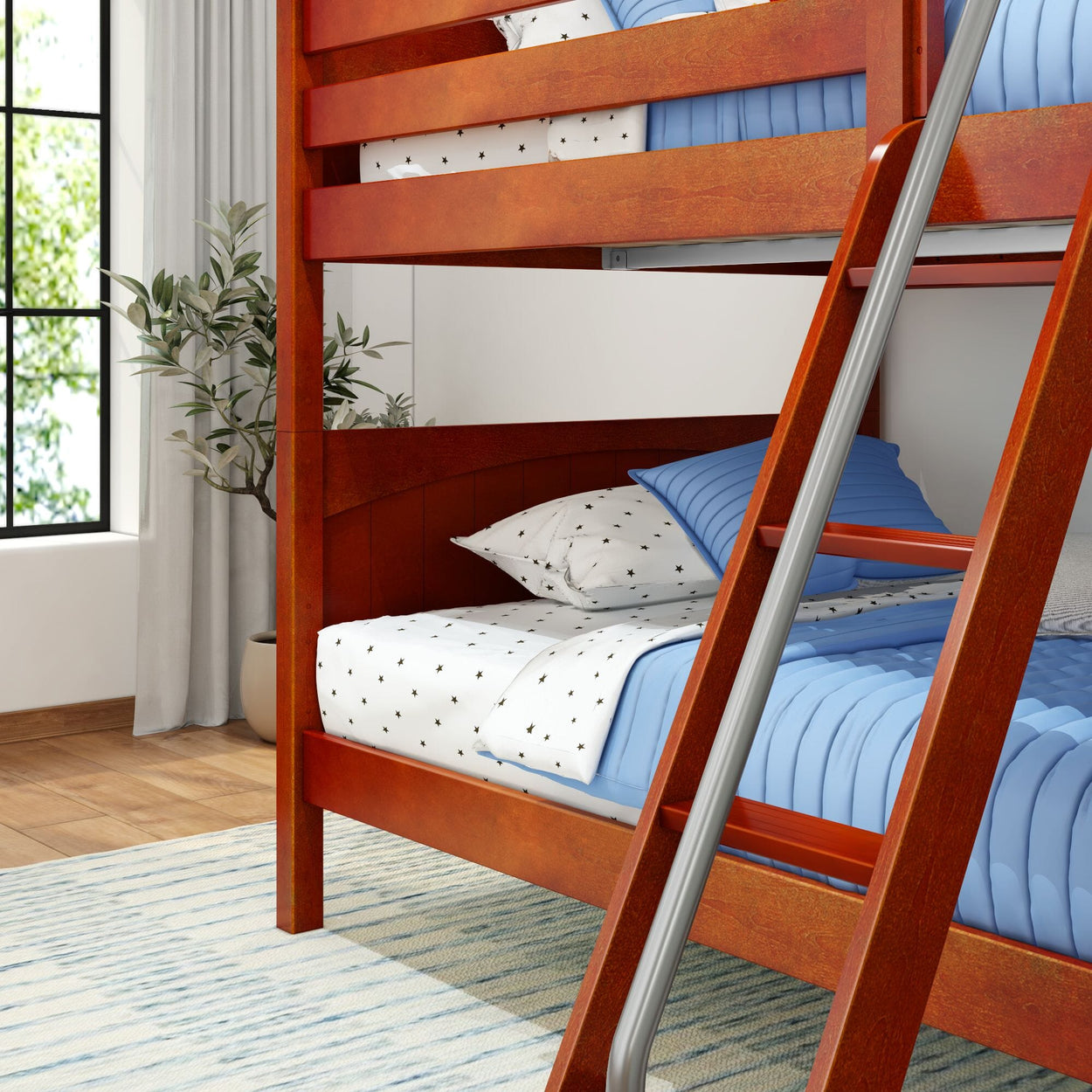 Wooden bunk bed with blue bedding and a ladder in a modern bedroom setting.