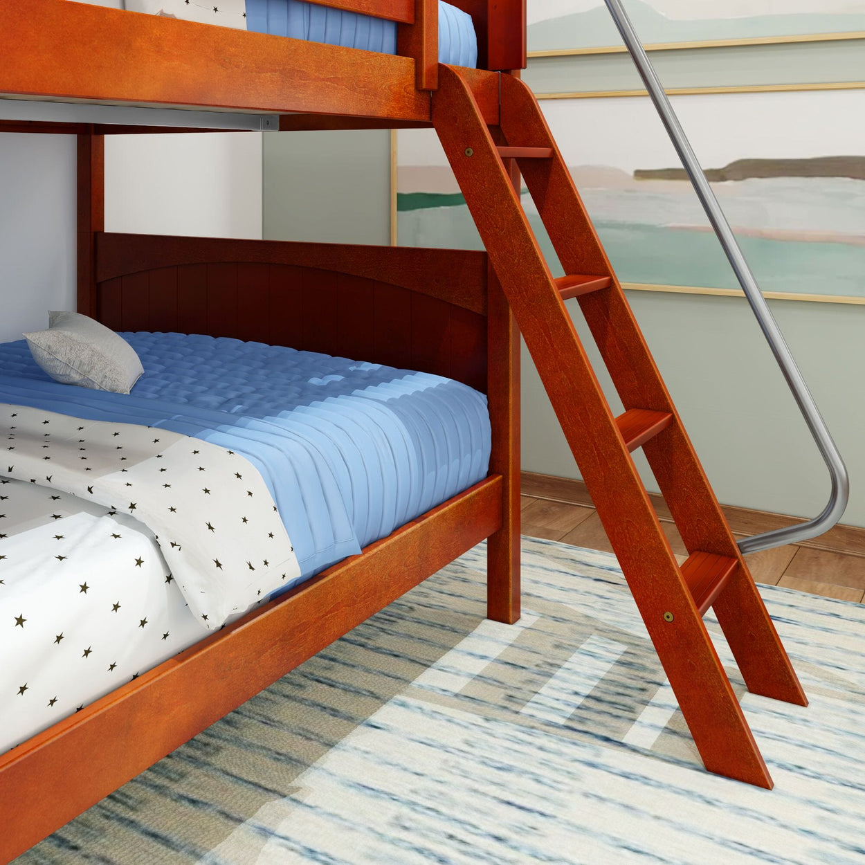 Wooden bunk bed with blue bedding and ladder, set in a cozy bedroom with modern decor.