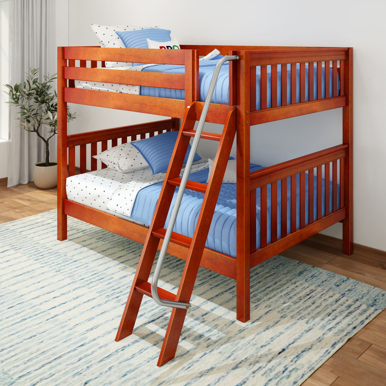 Wooden bunk bed with blue bedding and ladder in a bright bedroom.
