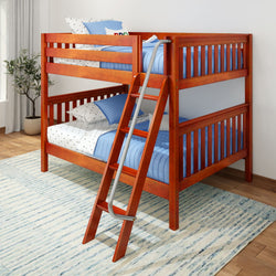 Wooden bunk bed with blue bedding and ladder in a bright bedroom.