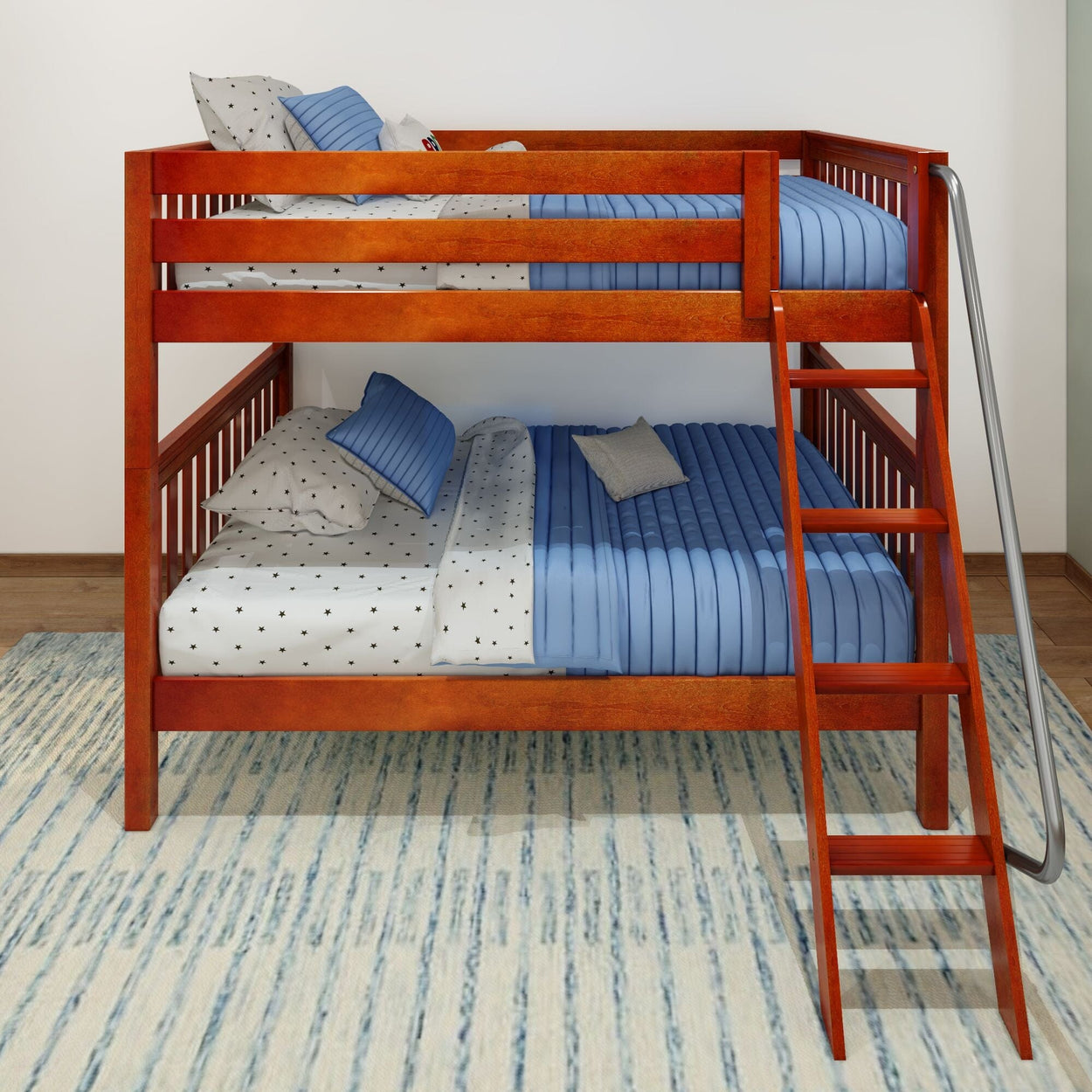 Wooden bunk bed with blue bedding and a ladder, set on a blue and white striped rug in a modern bedroom.