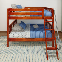 Wooden bunk bed with blue bedding and a ladder, set on a blue and white striped rug in a modern bedroom.