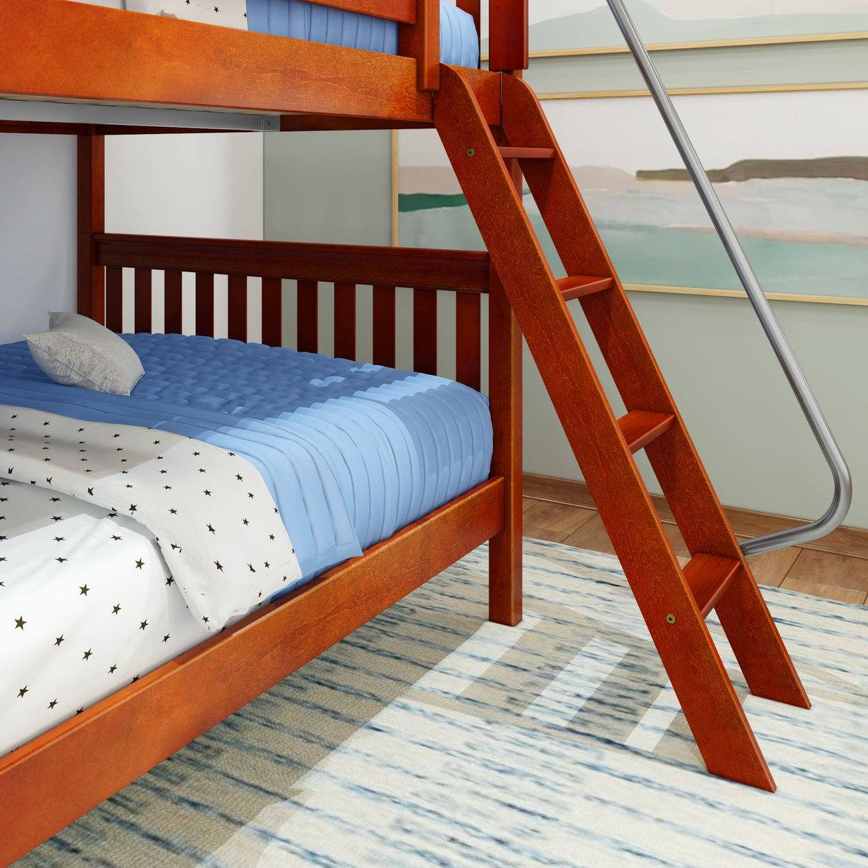 Wooden bunk bed with ladder and blue bedding in a modern bedroom setting.