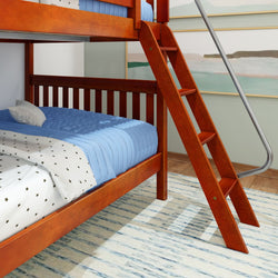 Wooden bunk bed with ladder and blue bedding in a modern bedroom setting.