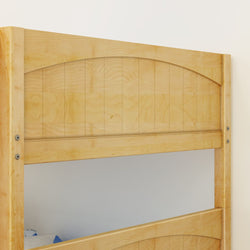 Wooden bunk bed frame with light finish against a white wall.