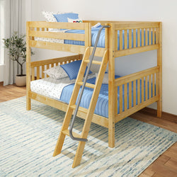 Wooden bunk bed with blue bedding in a cozy bedroom setting featuring natural light and modern decor.