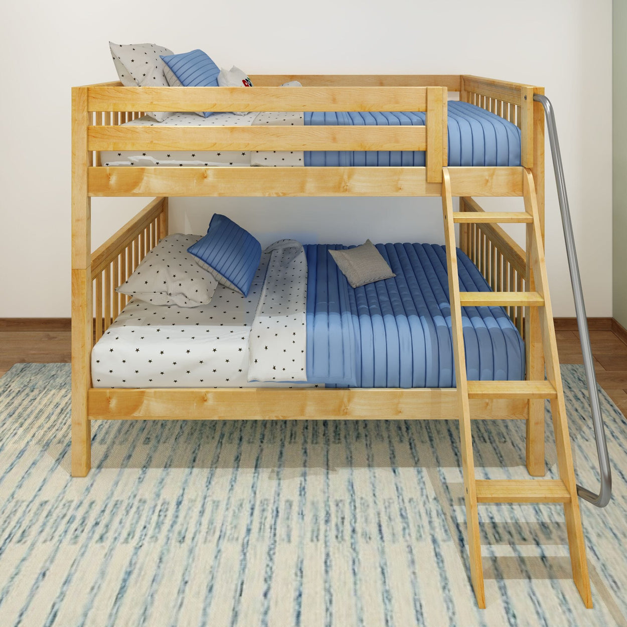 Wooden bunk bed with blue and white bedding, featuring a ladder and a cozy rug.
