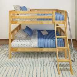 Wooden bunk bed with blue and white bedding, featuring a ladder and a cozy rug.