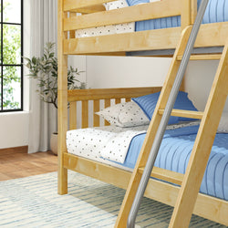 Wooden bunk bed with blue bedding in modern bedroom interior.