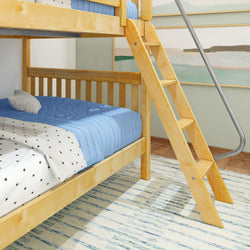 Wooden bunk bed with blue bedding and ladder in a cozy bedroom setting.