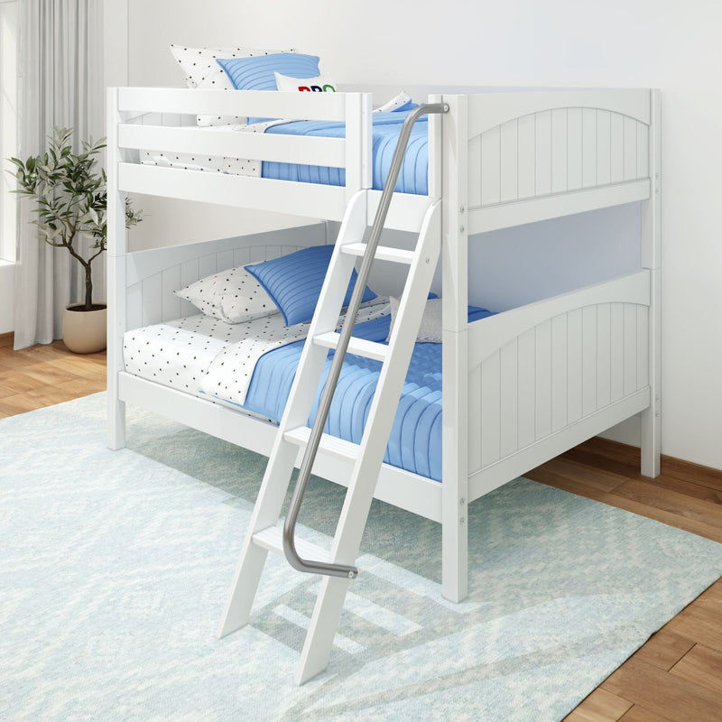 White wooden twin-over-twin bunk bed with blue quilted bedding, star-print sheets, angled ladder and potted plant in a modern kids' bedroom — space-saving children's loft bed