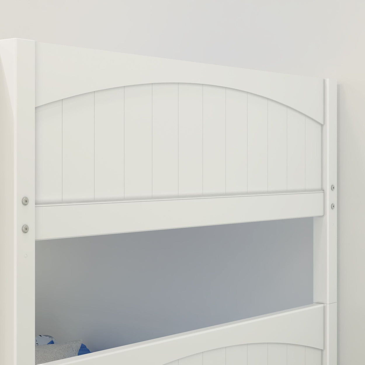 White wooden bunk bed frame with panel design against a light wall.