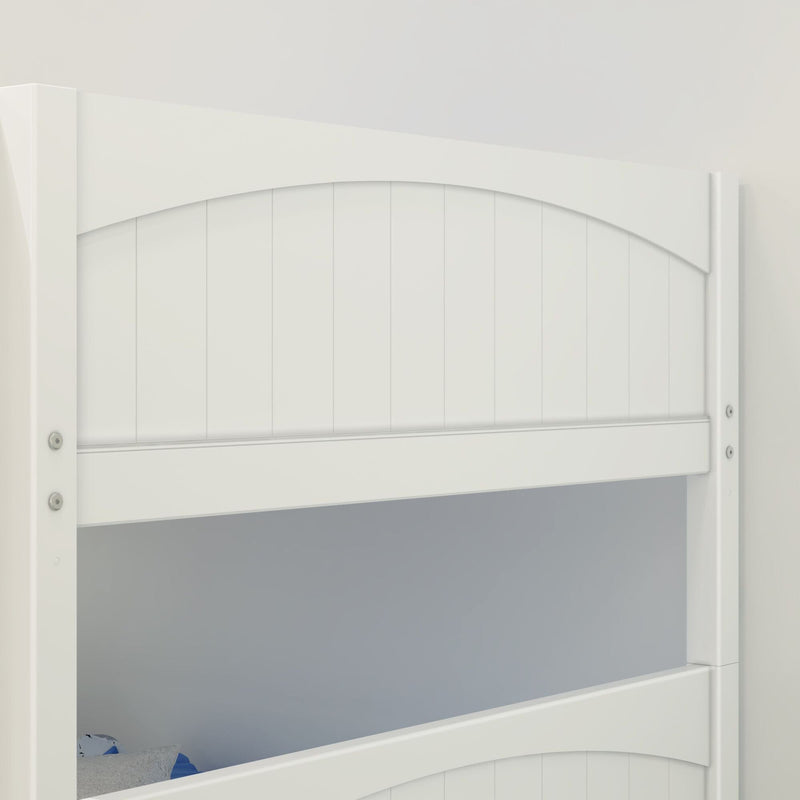 Close-up of a white wooden bunk bed showing arched headboard, vertical slat panels, guardrail and exposed bolts, modern kids' bedroom furniture