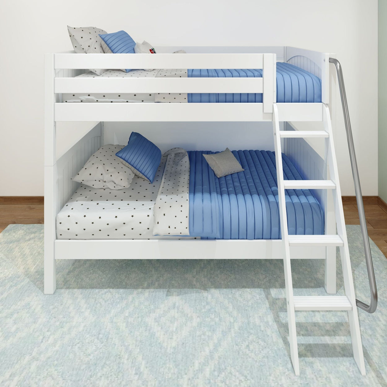 White wooden bunk bed with blue and white bedding in a modern bedroom setting.