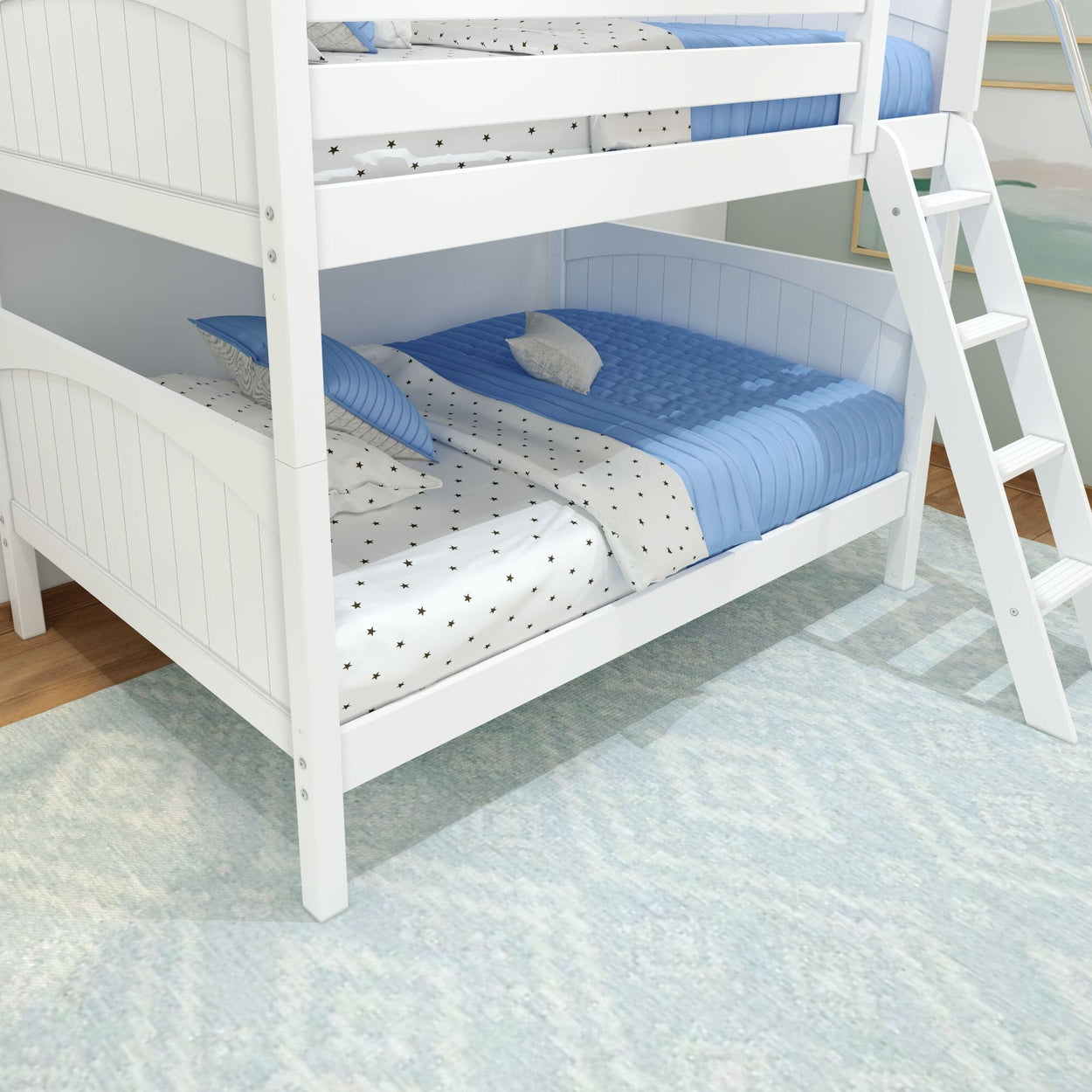 White wooden bunk bed with blue and star-patterned bedding, featuring a sturdy ladder in a cozy bedroom setting.